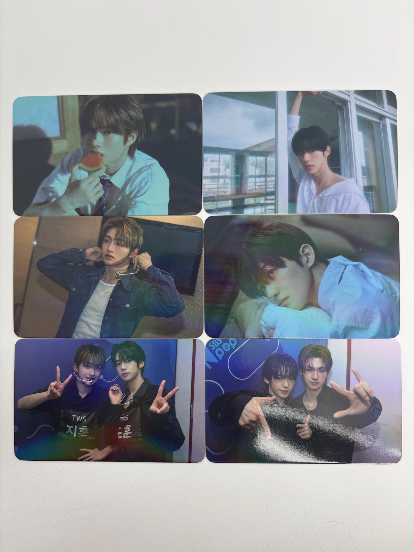 TWS 55pc holographic cards, Shinyu, Dohoon, Youngjae, Hanjin, Jihoon, and Kyungmin