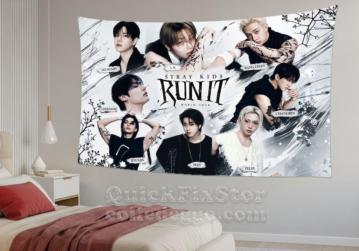 Stray Kids Hanging Tapestry | Run It | Personalized Wall Art | Polyester Fabric | Ship Flag Banner