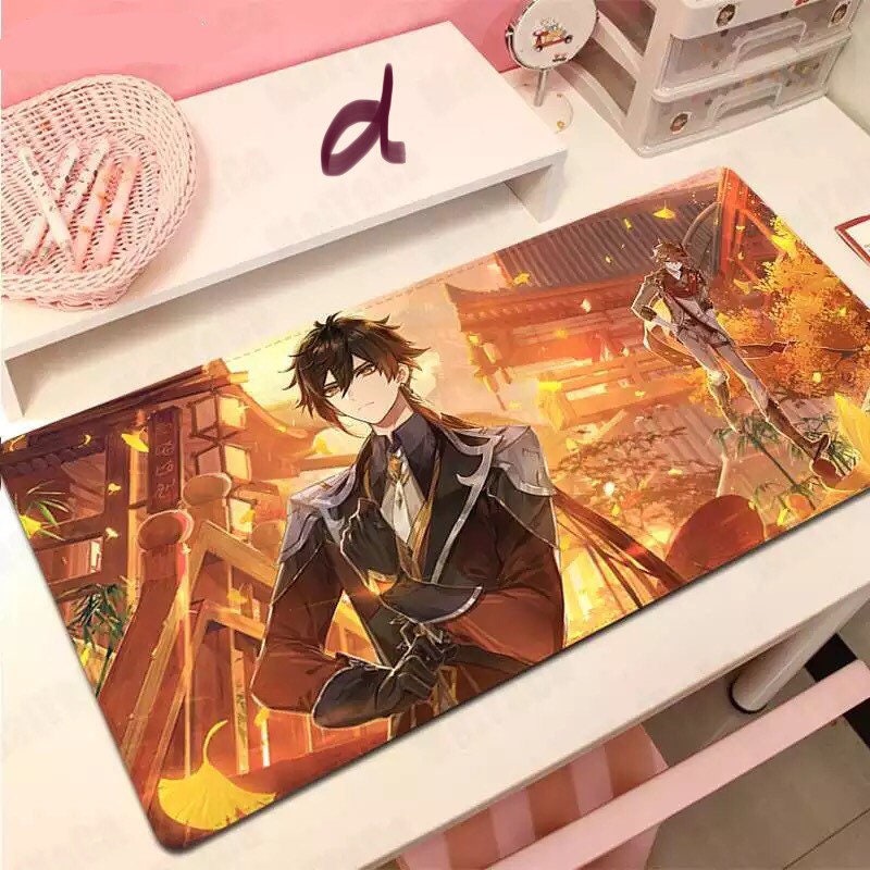 Tartaglia Zhongli desk pad- Genshin Impact PU Desk Mat mouse pad blotter laptop Gaming mouse pad locked edge keyboard pad C177