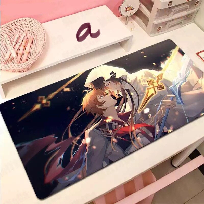 Tartaglia Zhongli desk pad- Genshin Impact PU Desk Mat mouse pad blotter laptop Gaming mouse pad locked edge keyboard pad C177