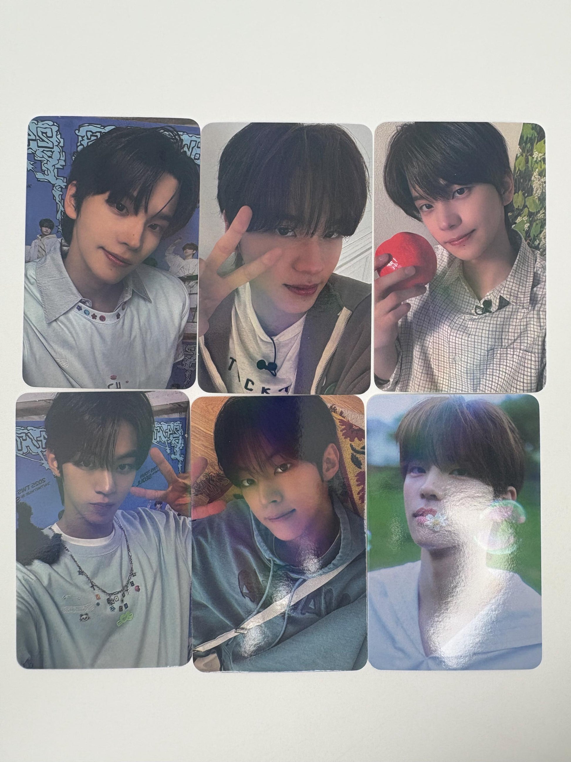 TWS 55pc holographic cards, Shinyu, Dohoon, Youngjae, Hanjin, Jihoon, and Kyungmin