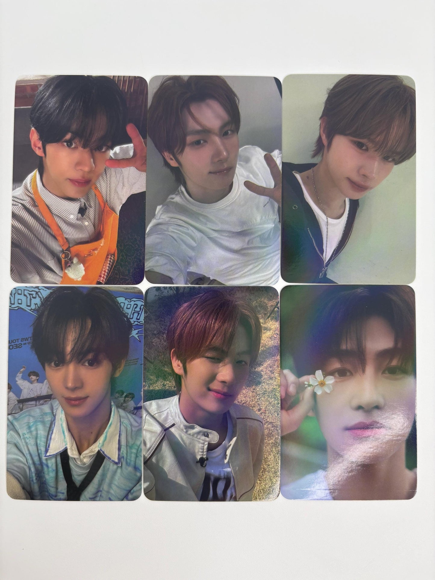 TWS 55pc holographic cards, Shinyu, Dohoon, Youngjae, Hanjin, Jihoon, and Kyungmin