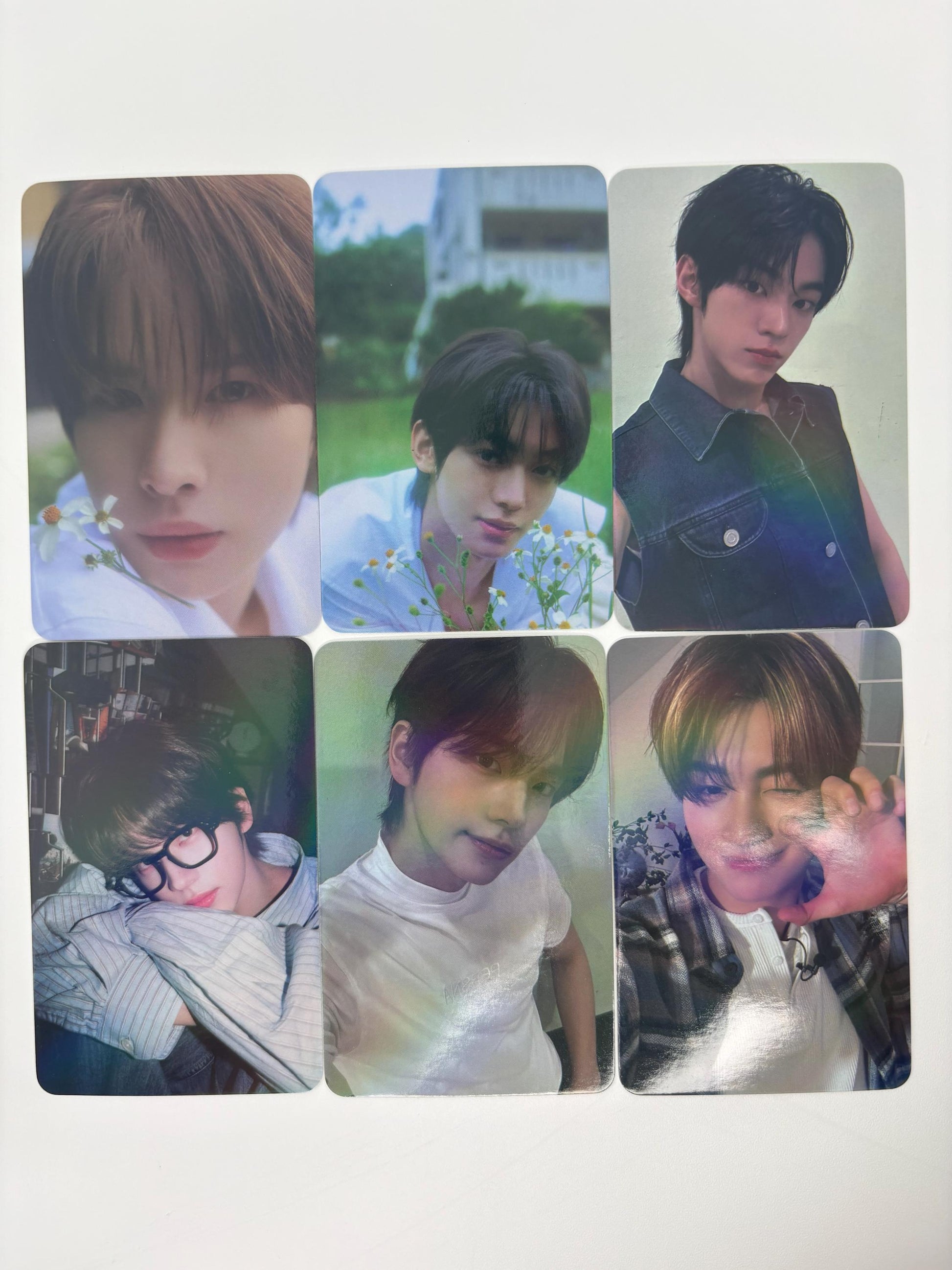 TWS 55pc holographic cards, Shinyu, Dohoon, Youngjae, Hanjin, Jihoon, and Kyungmin